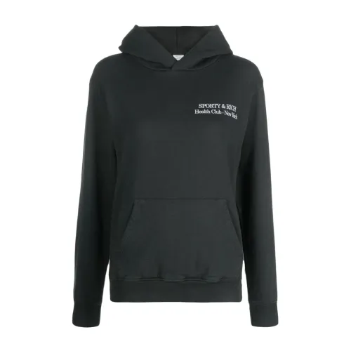 Sporty & Rich , Logo Print Hooded Sweater ,Black male, Sizes: