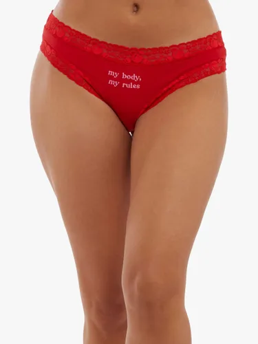 Squish x Playful Promises Feel Good Embroidered Jersey Bikini Knickers, My Body My Rules, Red - Red - Female