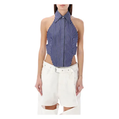 Ssheena , Cute Striped Shirt with Pointed Collar ,Blue female, Sizes: