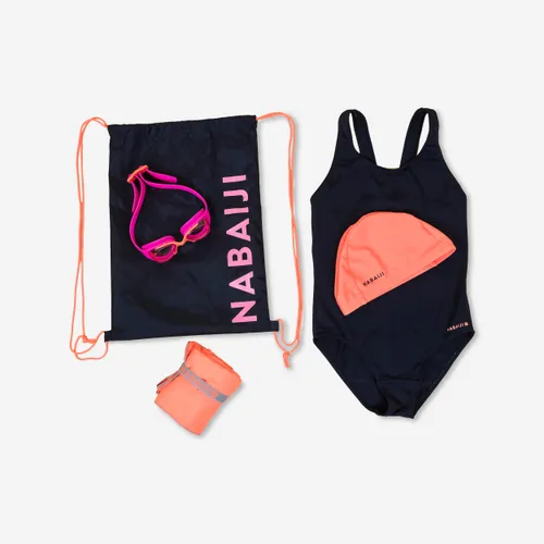 Start 100 Girl's Swimming Set - Navy/coral (bag. Towel. Goggles. Cap. Swimsuit)