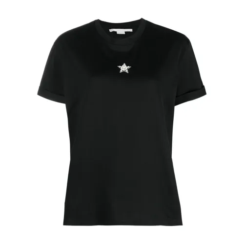 Stella McCartney , Black Cotton T-shirt with Crystal Decoration ,Black female, Sizes: