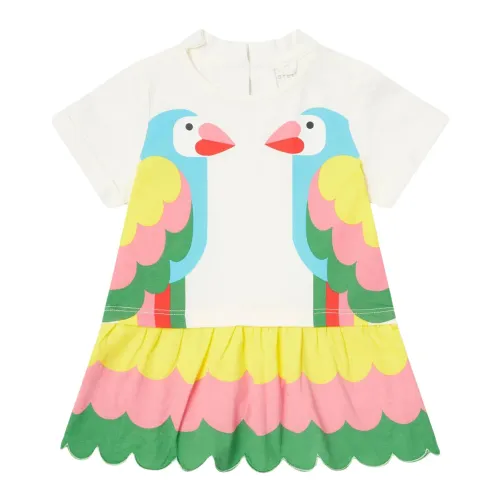 Stella McCartney , Cotton White T-Shirt Dress with Colorful Parrot Prints ,White female, Sizes: