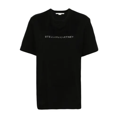 Stella McCartney , Glittery Logo Print Crew Neck T-shirts and Polos ,Black female, Sizes: