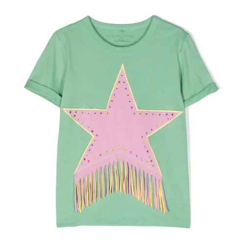 Stella McCartney , Green Cotton T-shirt with Stella Patch and Fringe Details ,Green female, Sizes: