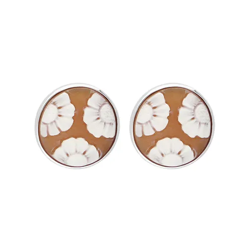 Sterling Silver Cameo Round Three Flower Stud Earrings D
