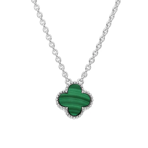 Sterling Silver Malachite Bloom Small Four Leaf Clover Ball Edge Chain Necklace
