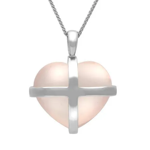 Sterling Silver Rose Quartz Large Cross Heart Necklace - Silver