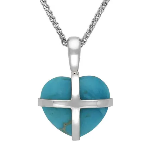 Sterling Silver Turquoise Small Cross Heart Necklace - Silver