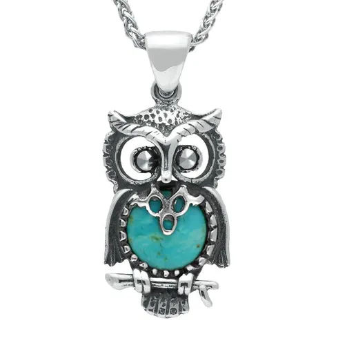 Sterling Silver Turquoise Small Owl Necklace - Silver