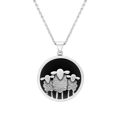 Sterling Silver Whitby Jet Round Sheep Pendant