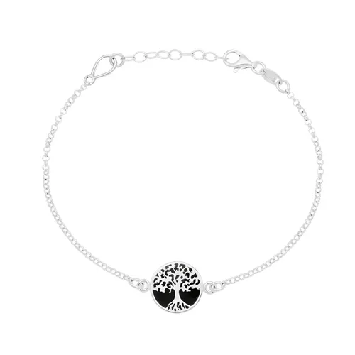 Sterling Silver Whitby Jet Round Tree of Life Chain Bracelet - Silver