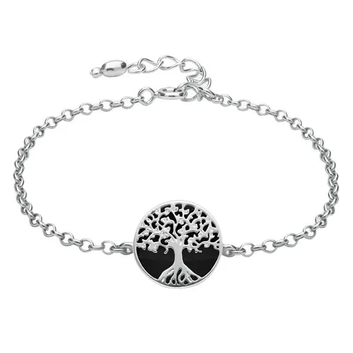 Sterling Silver Whitby Jet Round Tree of Life Chain Bracelet
