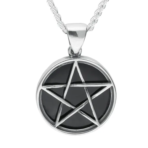 Sterling Silver Whitby Jet Small Pentagram Necklace - Silver