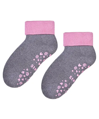 Steven Childrens Unisex - Kids Warm Breathable Non-Slip Socks with Grips - Grey / Pink Cotton