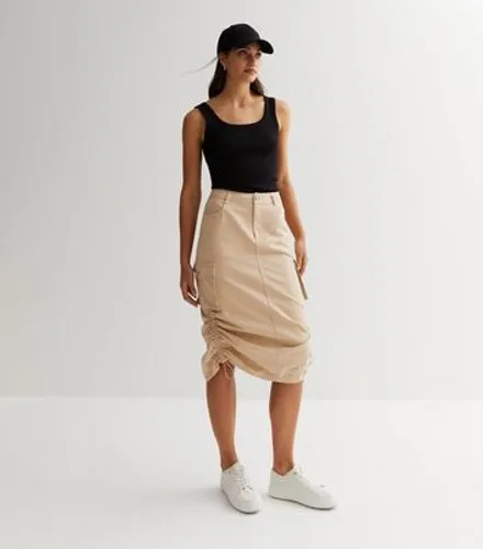 Stone Denim Ruched Utility Midi Skirt New Look