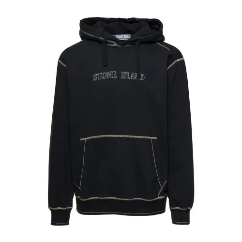 Stone Island , Black Hooded Logo Sweaters ,Black male, Sizes: