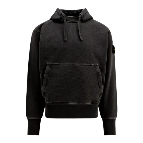 Stone Island , Black Hooded Sweatshirt with Buttons and Drawstring ,Black male, Sizes: