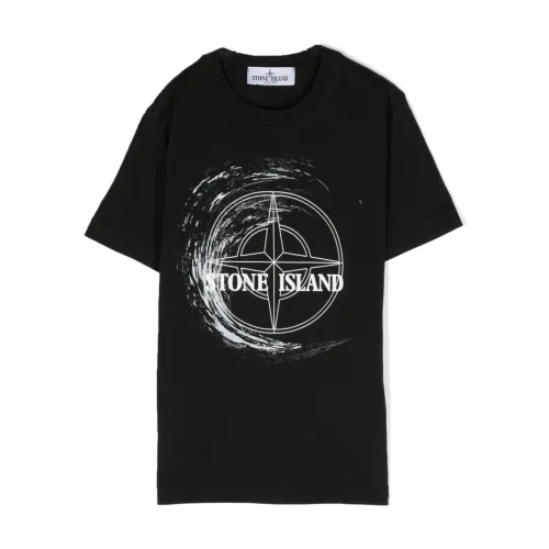 Stone Island , Black Logo Print T-shirts and Polos ,Black male, Sizes: