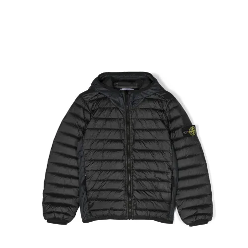 Stone Island , Black Nylon Junior Coat with Classic Hood and Zip Closure ,Black male, Sizes: