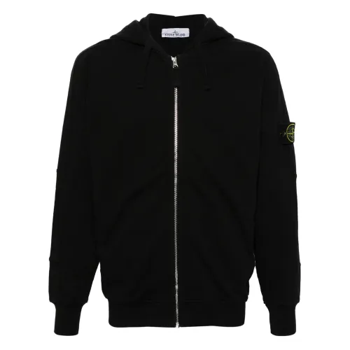 Stone Island , Black Zipped Hoodie with Compass Badge ,Black male, Sizes: