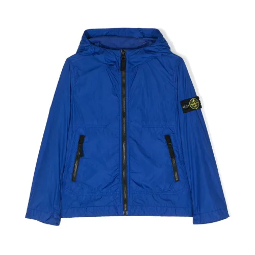 Stone Island , Blue Kids Jacket with Hood and Zipper Fastening ,Blue male, Sizes: