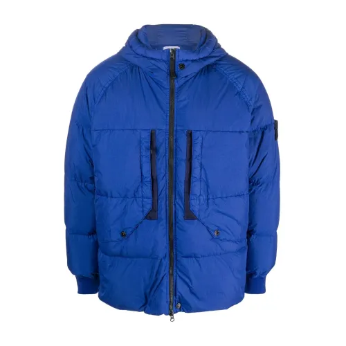 Stone Island , Comp-motif duck-down hooded jacket ,Blue male, Sizes: