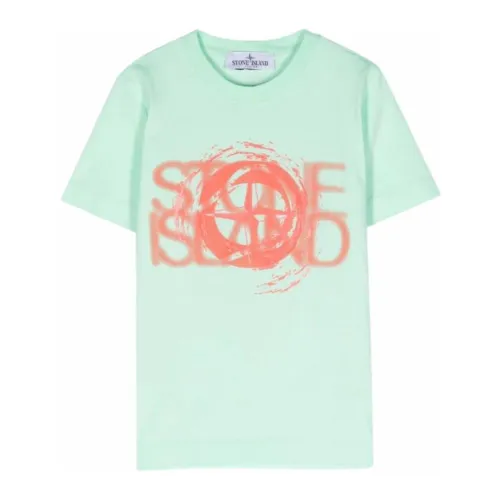 Stone Island , Green Aqua Kids T-shirt Logo Print ,Green male, Sizes: