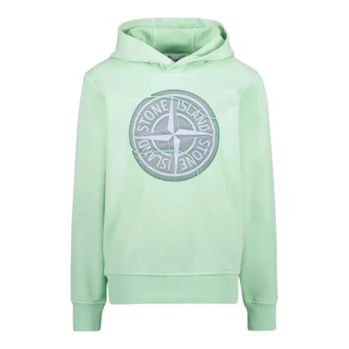 Stone Island , Green Hooded Sweater with Logo Print ,Green male, Sizes: