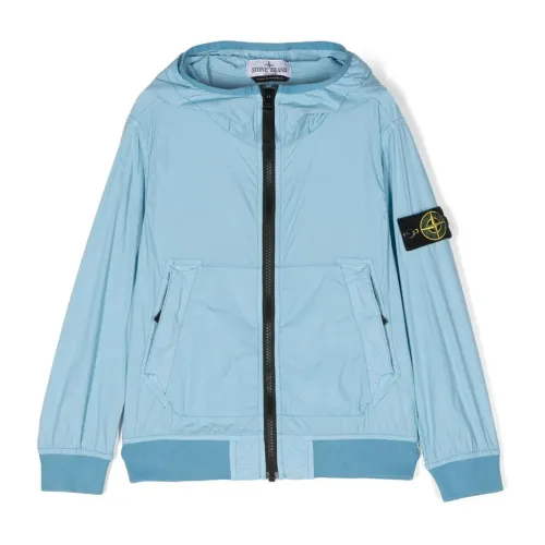Stone Island , Light Blue Polyester Jacket with High Collar and Detachable Compass Badge ,Blue male, Sizes: