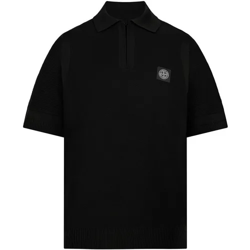 STONE ISLAND Micro Knit Short Sleeve Polo Shirt - Black
