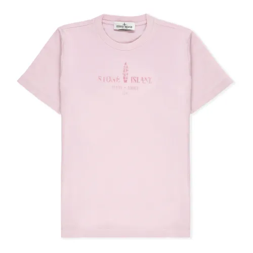 Stone Island , Pink Cotton T-shirt for Boys with Contrasting Logo ,Pink male, Sizes: