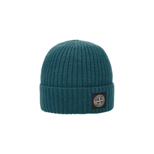 Stone Island , Ribbed Wool Beanie with Compass Logo ,Green unisex, Sizes: ONE