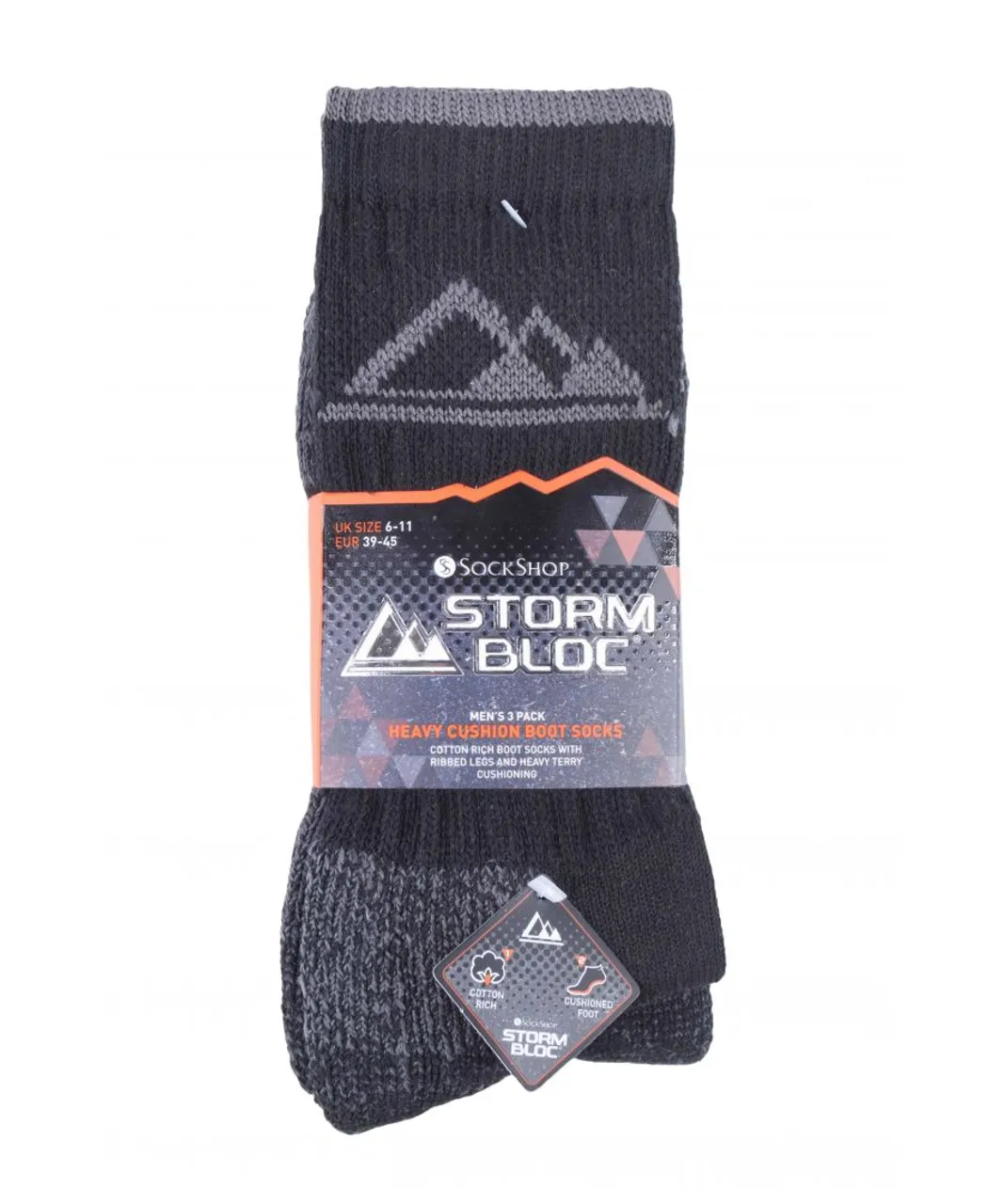 Storm Bloc 3 Pairs Mens Heavy Cushioned Breathable Outdoor Cotton Hiking Socks - Black