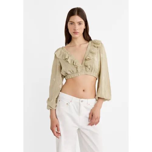 Stradivarius Embroidered cropped blouse with criss-cross back  Khaki