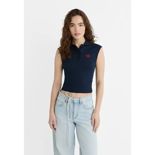 Stradivarius Embroidered polo T-shirt with cap sleeves  Dark blue