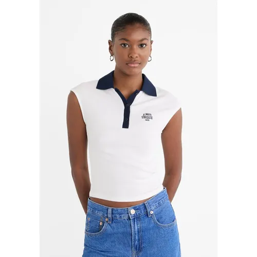 Stradivarius Embroidered polo T-shirt with cap sleeves  White