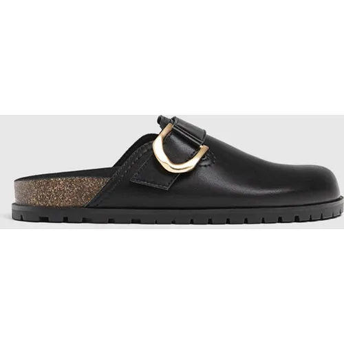 Stradivarius Leather clogs with buckle details  BLACK