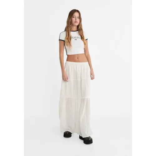 Stradivarius Long flowing skirt with an elasticated waistband  White