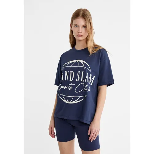 Stradivarius Oversize Grand Slam print T-shirt  Navy blue