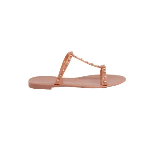 Stuart Weitzman , Pink Rubber Flat Sandals with Pearl Studs ,Pink female, Sizes: