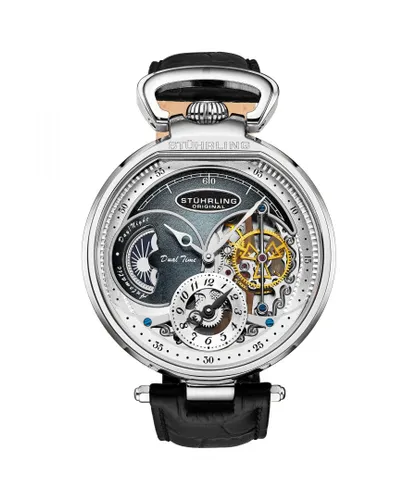 Stührling Mens Black and Silver Modena Dual Time Automatic 46mm Skeleton - One Size