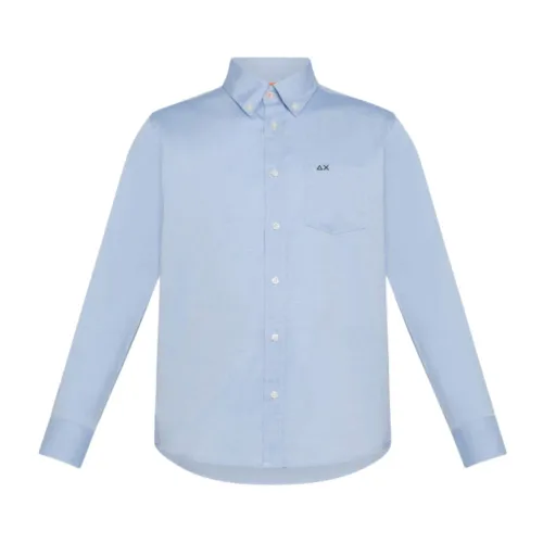 Sun68 , Blue Long Sleeve Shirt with Logo Embroidery ,Blue male, Sizes: