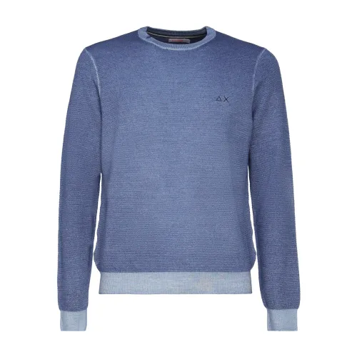 Sun68 , Blue Wool Sweater with Embroidered Logo ,Blue male, Sizes: