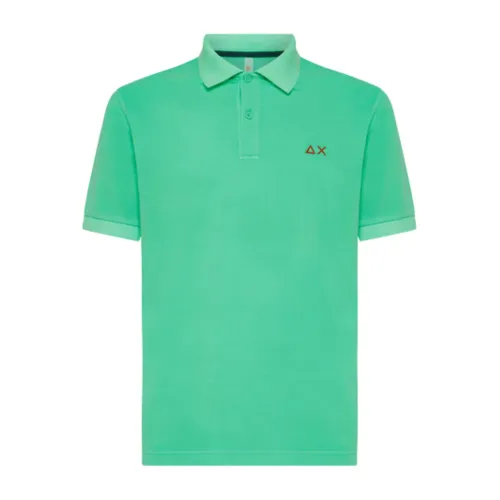 Sun68 , Green Solid Polo Shirt with Fluorescent Logo ,Green male, Sizes: