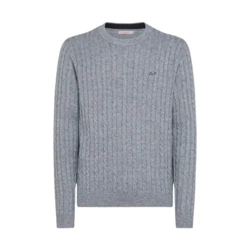Sun68 , Light Grey Round Cable Sweater ,Gray male, Sizes: