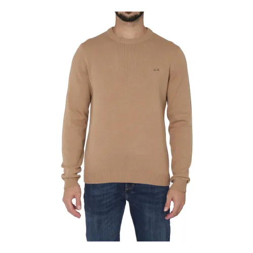 Sun68 , Men Beige Sweater Round Solid Color ,Beige male, Sizes:
