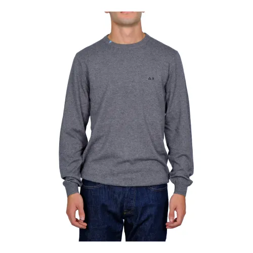 Sun68 , Men`s Medium Grey Round Solid Sweater ,Gray male, Sizes: