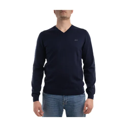 Sun68 , V-Neck Knit Sweater ,Blue male, Sizes: