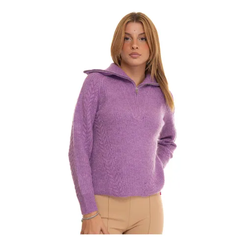 Suncoo , Cable Knit Pullover with Cape Collar ,Purple female, Sizes: