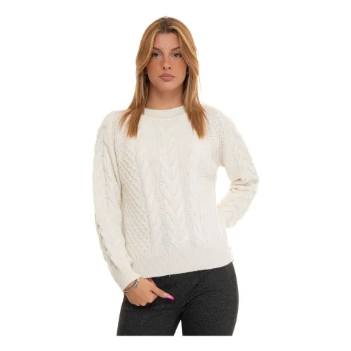 Suncoo , Cable Knit Round-neck Pullover ,White female, Sizes:
